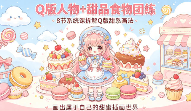 Q版人物+甜品食物团练，8节系统课拆解Q版甜系画法，画出属于自己的甜蜜插画世界-酉宸轻创社