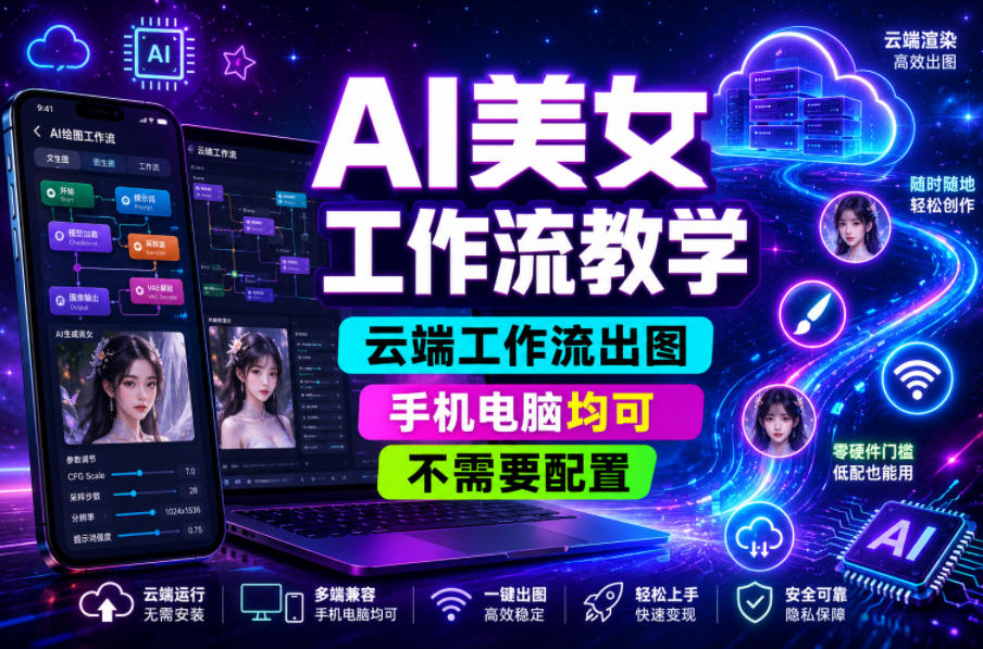 AI美女工作流教学,云端工作流出图,手机电脑均可,不需要配置,快速起号涨粉-酉宸轻创社