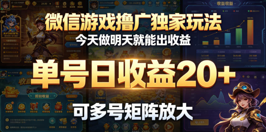 微信游戏撸广独家玩法，今天做明天就能出收益，单号日收益20+，可多号矩阵放大-酉宸轻创社