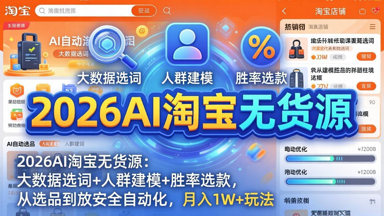 2026AI淘宝无货源：大数据选词+人群建模+胜率选款，从选品到放大全自动化，月入1W+玩法-酉宸轻创社