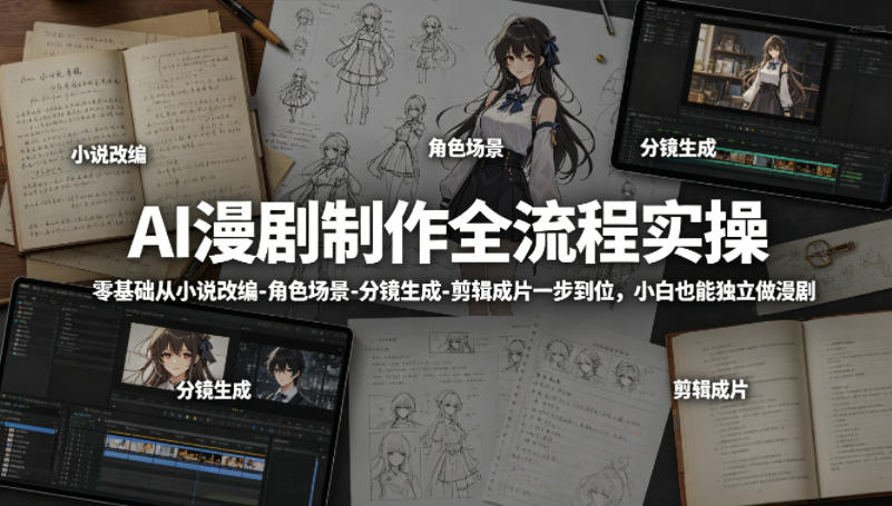 AI漫剧制作全流程实操,零基础从小说改编-角色场景-分镜生成-剪辑成片一步到位,小白也能独立做漫剧-酉宸轻创社