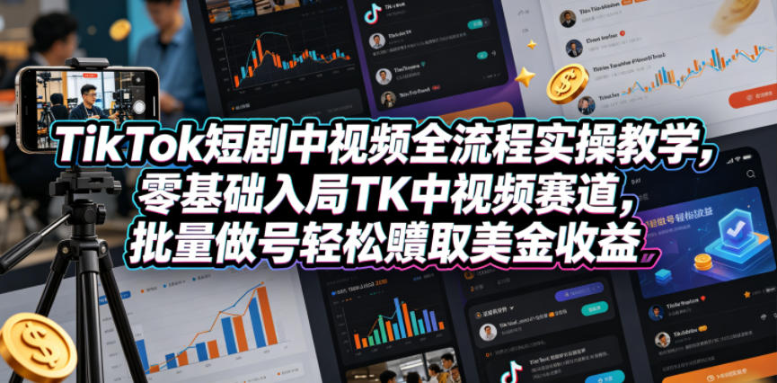 TikTok短剧中视频全流程实操教学,零基础入局TK中视频赛道,批量做号轻松賺取美金收益-酉宸轻创社