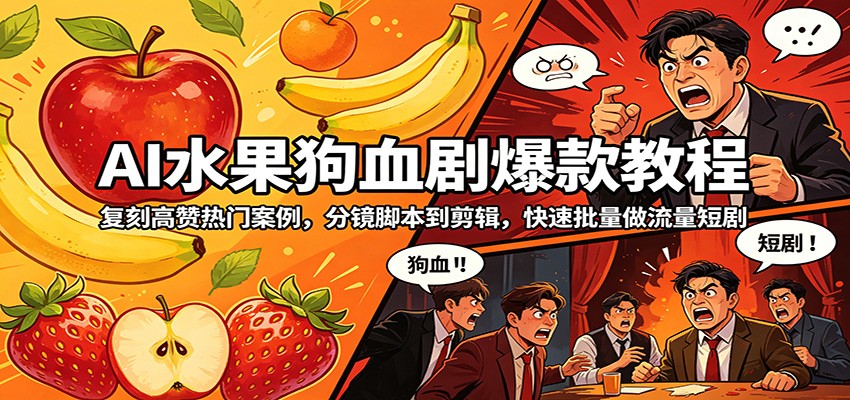 AI水果狗血剧爆款教程：复刻高赞热门案例，分镜脚本到剪辑，快速批量做流量短剧-酉宸轻创社