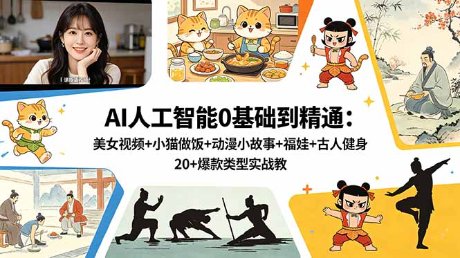 AI人工智能0基础到精通：美女视频+小猫做饭+动漫小故事+福娃+古人健身，20+爆款类型实战教学-酉宸轻创社