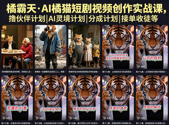 橘霸天·AI橘猫短剧视频创作实战课，撸伙伴计划|AI灵境计划|分成计划|接单收徒等-酉宸轻创社