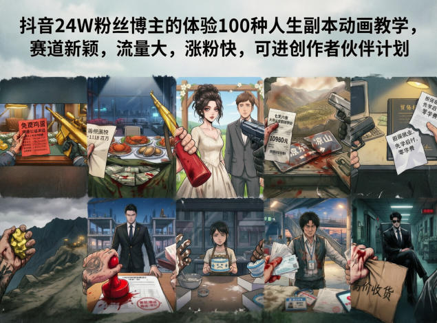 抖音24W粉丝博主的体验100种人生副本动画教学,赛道新颖,流量大,涨粉快,可进创作者伙伴计划-酉宸轻创社