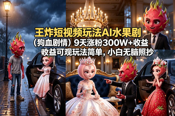王炸短视频玩法AI水果剧(狗血剧情)9天涨粉300W+收益可观玩法简单，小白无脑照抄，详细拆解玩法-酉宸轻创社
