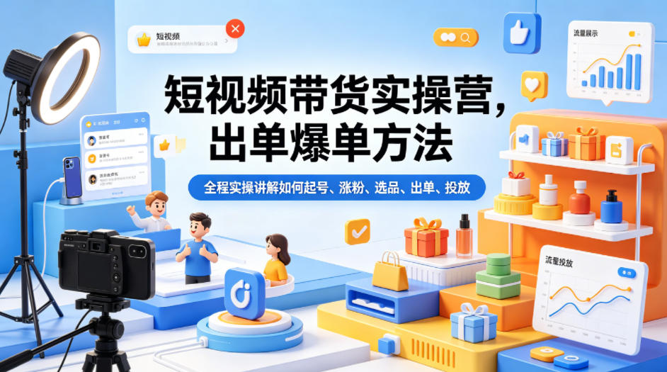 短视频带货实操营，出单爆单方法，全程实操讲解如何起号、涨粉、选品、出单、投放-酉宸轻创社