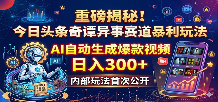 重磅揭秘！今日头条奇谭异事赛道暴利玩法：AI自动生成爆款视频，日入300+-酉宸轻创社