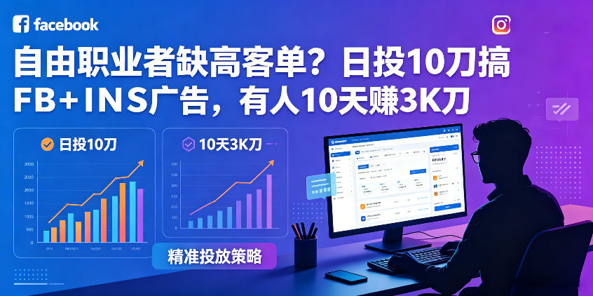 自由职业者缺高客单？日投10刀搞FB+INS广告，有人10天赚3K刀！【原创双语字幕】-酉宸轻创社