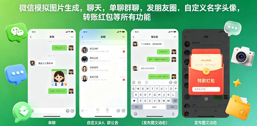 微信模拟图片生成，聊天，单聊群聊，发朋友圈，自定义名字头像，转账红包等所有功能都可以生成-酉宸轻创社