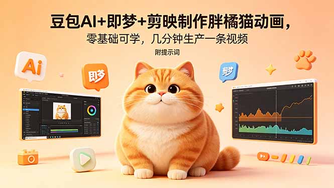 豆包AI+即梦+剪映制作胖橘猫动画,零基础可学,几分钟生产一条视频,附提示词-酉宸轻创社